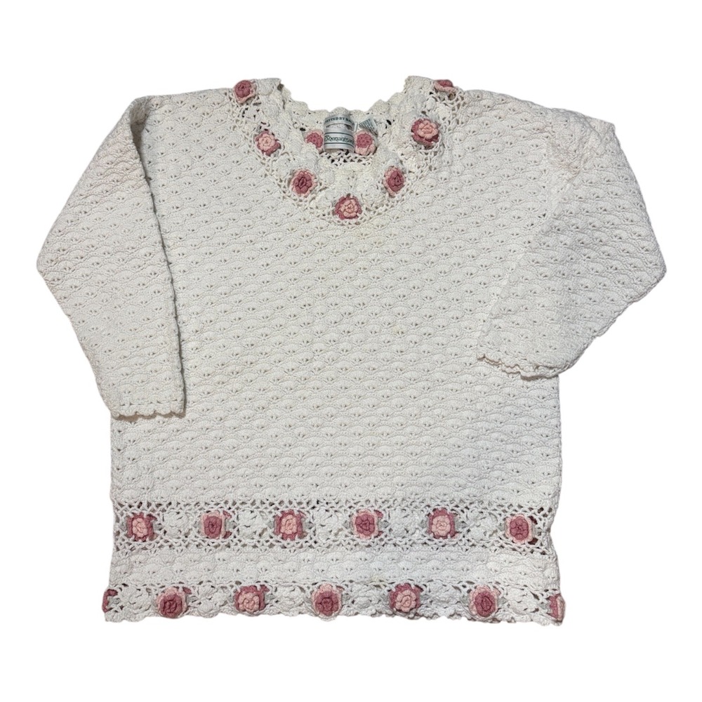 Vintage Hand Knitted Floral Sweater Pink Rosette Cottagecore Granny-Chic